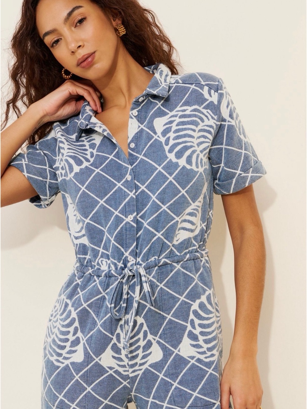 Little Lies Blue & White Shell-Print Denim Women’s Short-Sleeve Romper